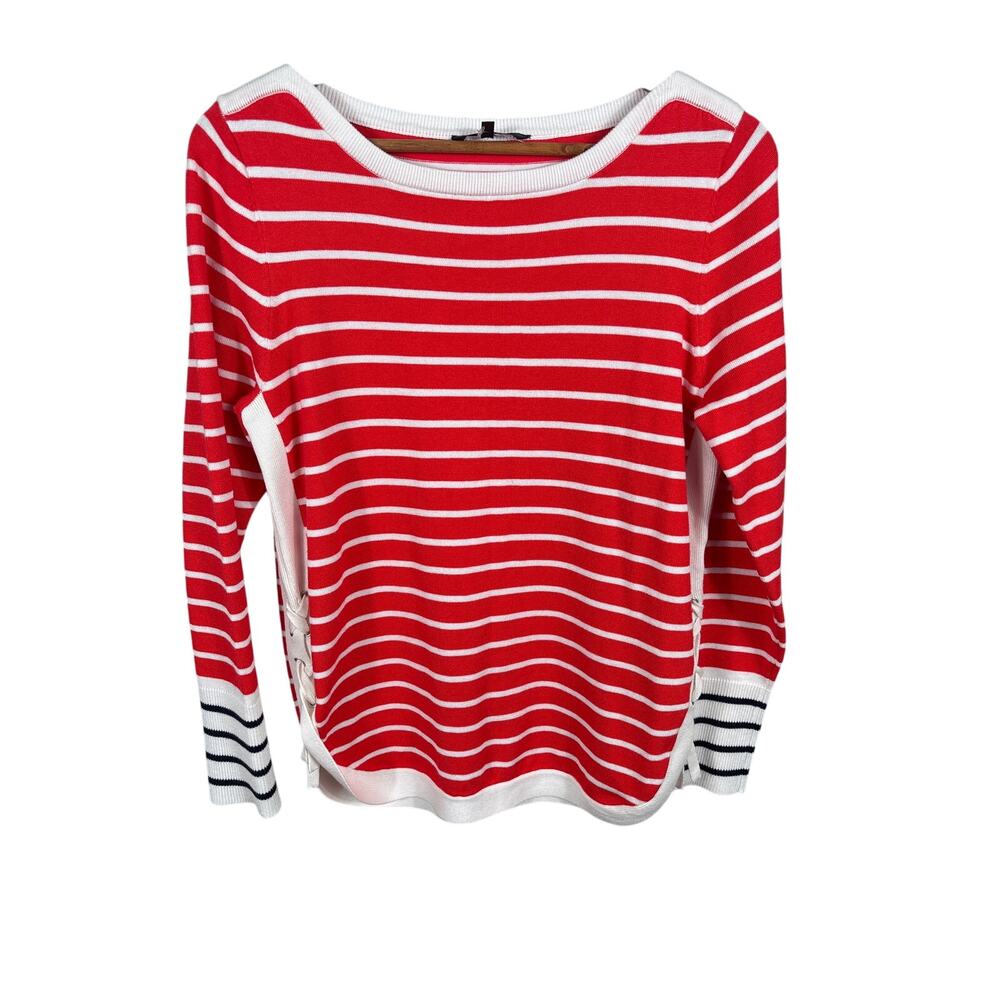 Hannah Sweater Women Size Medium Red Orange‎ Stripe Tie Side Long Sleeve Light